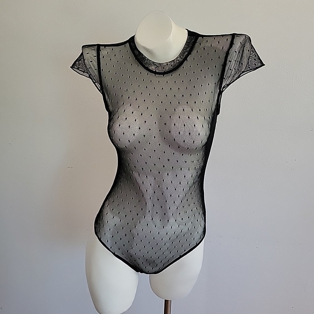 Sheer Mesh Swiss Dot Bodysuit Small Black Crewneck Cap Sleeve‎ Glam Goth Witchy